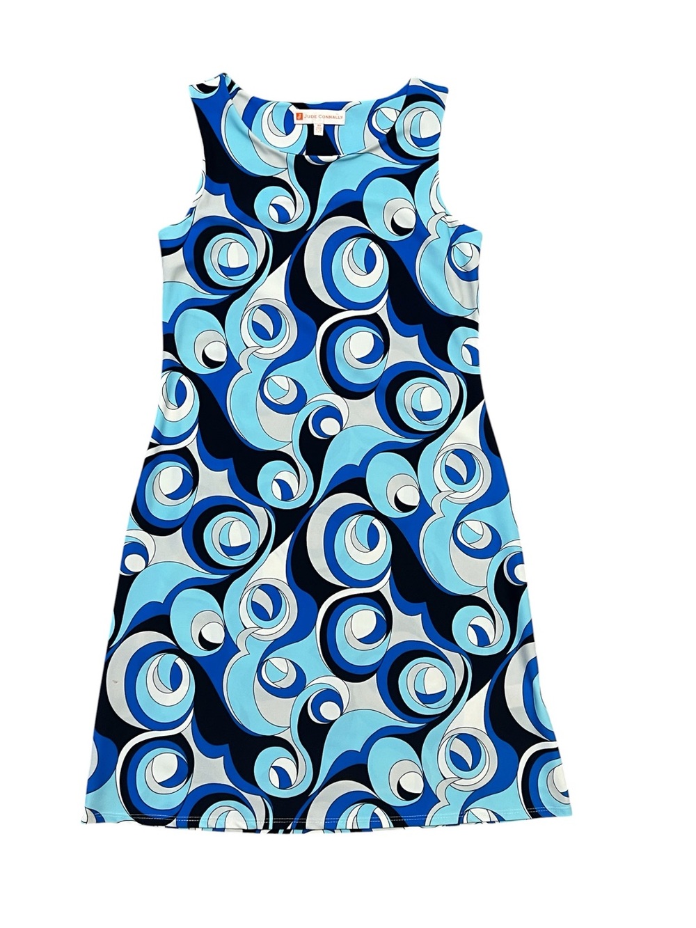 JUDE CONNALLY blue black white retro geo design pull on shift dress sz XS EUC